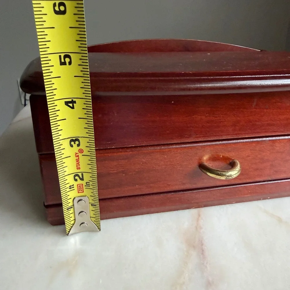 Vintage Cherry Wood Jewelry Box Mirror Green Velvet Lining Drawer Gold Hardware